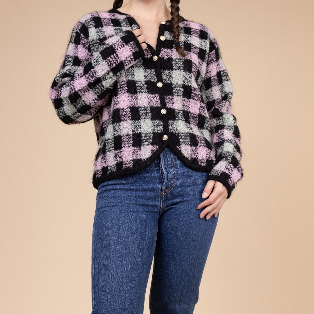 Vintage Mohair Plaid Cardigan Dark Academia Cropped Y2K Sweater Clueless Black